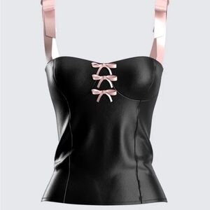 Finesse Black Satin Bustier Camisole with Pink Ribbon Accents